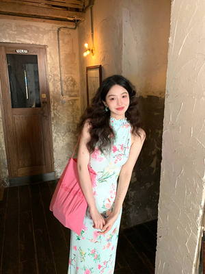 酒午自制【花神】法式夏季波浪褶皱立领花边印花挂脖长款连衣裙女