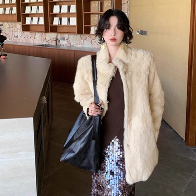 酒午港风复古秋冬新款100%兔毛中长款皮草气质毛绒绒外套女