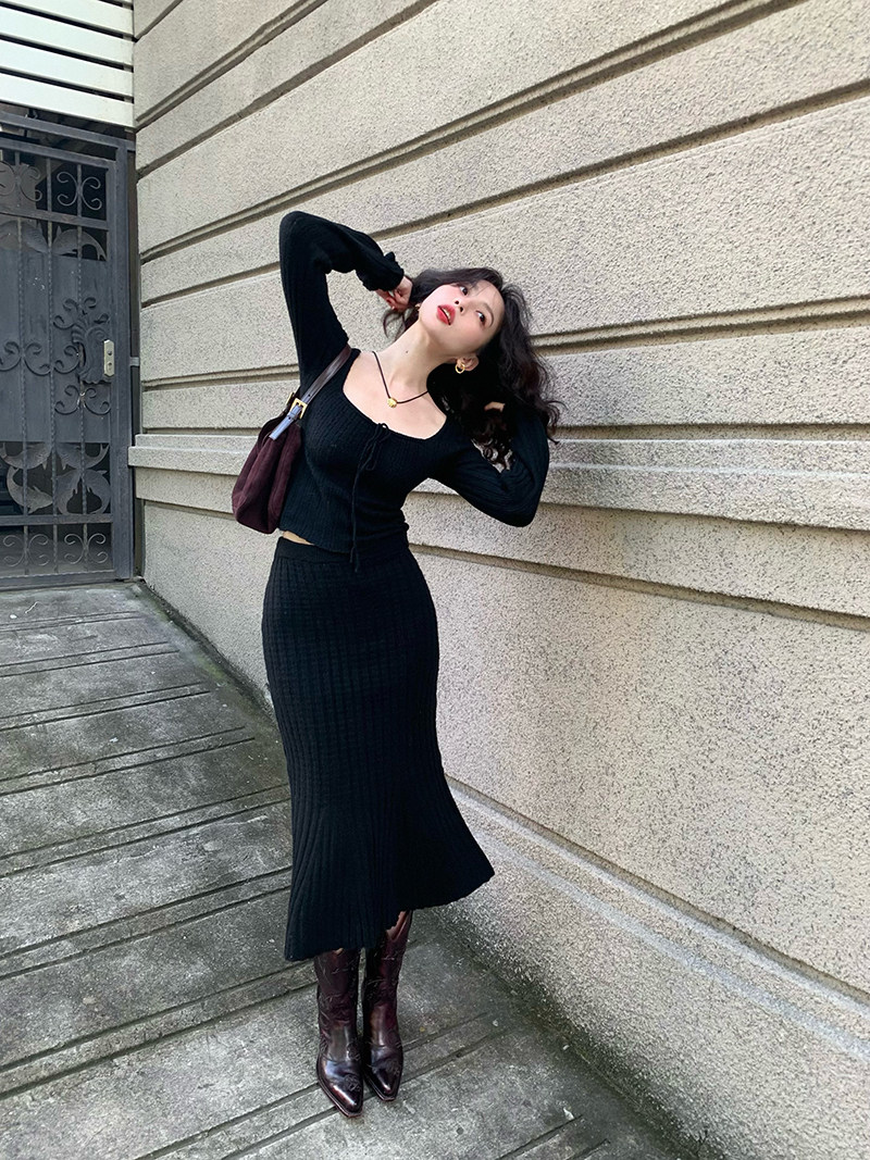 酒午自制港风复古方领长袖针织上衣+高腰显瘦鱼尾半裙气质两件套,女装/女士精品,时尚套装,淘宝优惠券,粉丝福利购,淘宝优惠卷