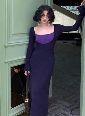 酒午自制【半弦诗】秋冬季紫色修身长款针织打底连衣裙女含羊毛