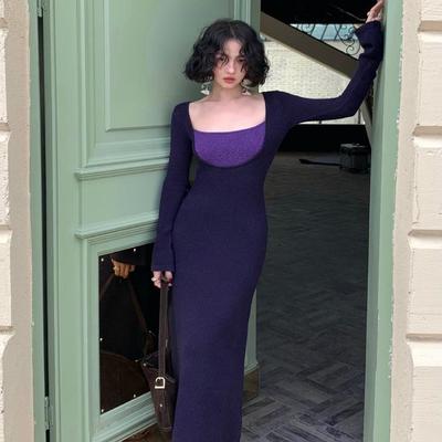 酒午2024秋冬季撞色长款连衣裙女