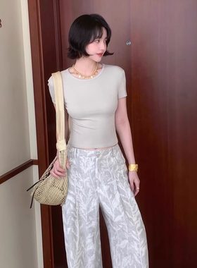 酒午自制法式复古高腰印花休闲裤