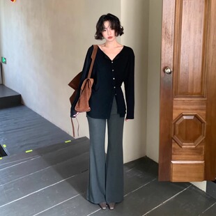 圆领斜扣小翻领T恤短款 酒午自制 新款 港风复古秋季 上衣女 墨痕