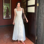 苎麻方领吊带裙气质长款 酒午自制 复古夏季 法式 大摆连衣裙 蔓雾