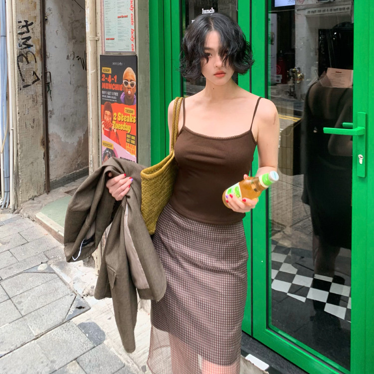 酒午自制2025春夏季新款咖色透感网纱拼接格纹高腰显瘦包臀半身裙