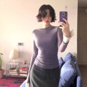 气质微透一字领长袖 酒午自制 新款 港风复古春款 上衣女 灰韵阡陌