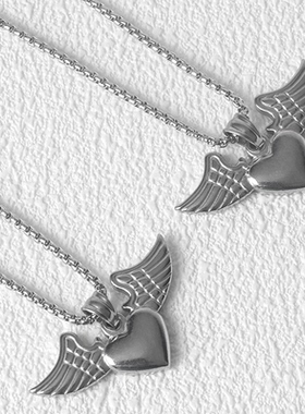 不锈钢ins个性简约心形爱心天使之翼吊坠钛钢女款毛衣长款项链