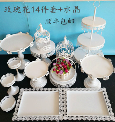 婚庆甜品台蛋糕架组合套装欧式铁艺蕾丝糕点盘13件套西点托盘装饰