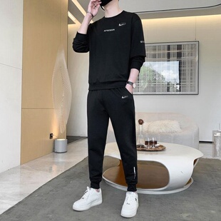 耐克顿休闲套装男士秋冬季新款加绒加厚圆领卫衣卫裤运动服两件套