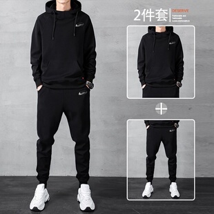 耐克顿休闲运动套装男士秋冬季新款加绒连帽卫衣卫裤开衫两件套潮