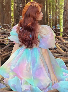 五彩斑斓~Selkie 2022年春夏超仙洋气一字领纱裙泡泡袖连衣裙女