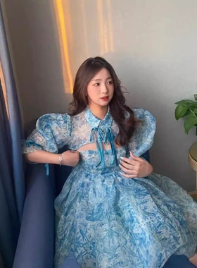 2024年春夏Selkie ocean虞书欣同款复古印花泡泡袖蓬蓬公主连衣裙