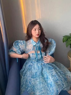 2024年春夏Selkie ocean虞书欣同款复古印花泡泡袖蓬蓬公主连衣裙