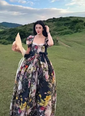 2024年春秋Selkie ocean黑底繁花印花蝴蝶结在逃公主裙蓬蓬连衣裙