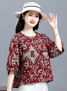 宽松气质中老年妈妈夏装上衣洋气小衫新款印花棉麻中袖T恤衬衫女