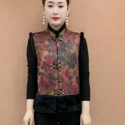 春秋2025盘扣上衣设计感背心新中式女装国风印花拼接毛边加棉马夹