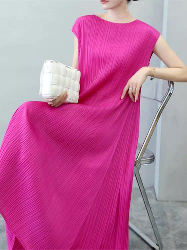 夏季新无袖褶皱气质圆领女宽松休闲舒适显瘦中长款A字妈妈连衣裙