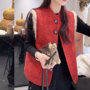 春秋冬夹棉保暖羽绒棉服妈妈装 国风盘扣马甲外套女 坎肩马夹新中式