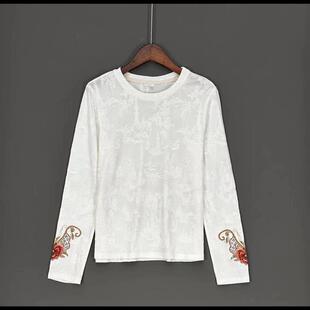 中年妈妈绣花2024圆领长袖 中国风提花圆领刺绣蝴蝶百搭女休闲上衣