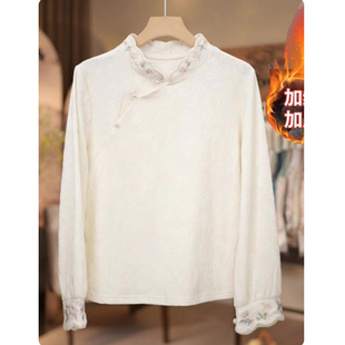 2025年立领斜襟内搭新国风宽松上衣女年轻妈妈加绒打底衫 秋冬百搭