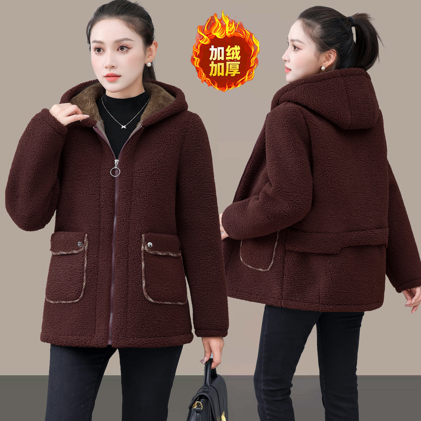 新款中老年女颗粒绒连帽棉衣保暖棉服妈妈冬装羊羔绒加绒加厚外套