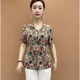 新款 印花娃娃领衬衫 夏季 时尚 上衣中年妈妈显瘦百搭气质短袖 女小衫