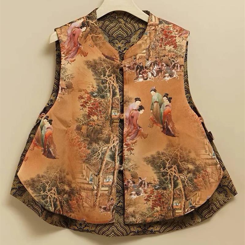 春秋款双面双穿新中式国风马甲女织锦提花老钱风马夹改良唐装