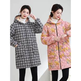 女装 棉袄罩衣新款 连帽加绒加厚棉衣外套 棉服保暖大码 妈妈中长款