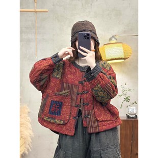 新中式 棉袄 国风印花棉服女宽松复古盘扣棉衣外套中式