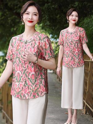 中年妈妈夏装碎花衬衫中老年人女装夏季新款短袖上衣天丝棉麻套装
