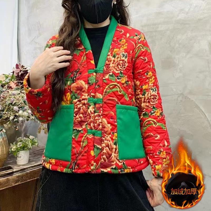 女士大花布衣服棉袄短款冬季棉衣民族风加绒外套中式盘扣棉服女装