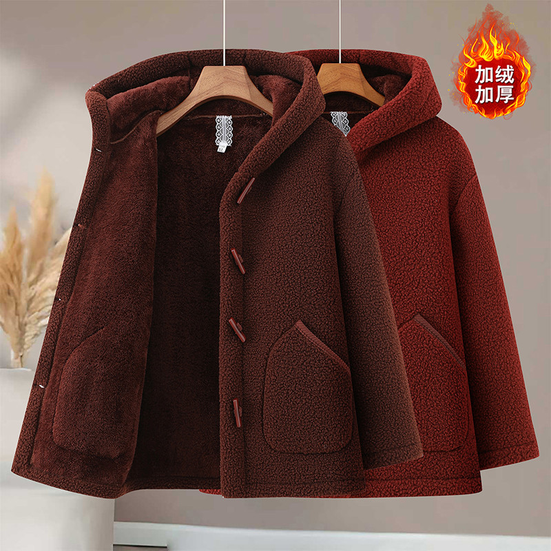中老年女秋冬款加绒保暖休闲上衣妈妈冬装羊羔绒连帽外套加厚棉衣