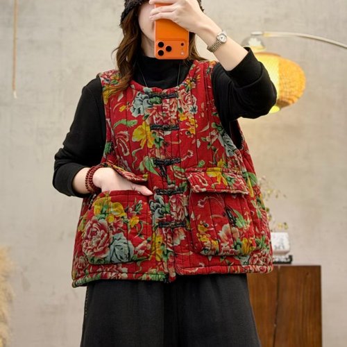 复古民族风印花盘扣夹棉马甲冬季新款宽松大码休闲国风棉衣坎肩女