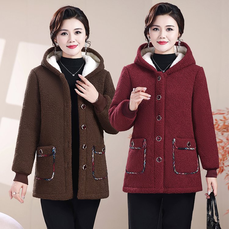 外套连帽棉服妈妈装秋冬季新款中老年女装加绒加厚保暖颗粒绒棉衣