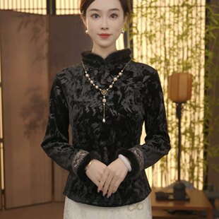 国风复古盘扣气质百搭衬衣新中式立领斜襟精致提花加绒加厚打底衫