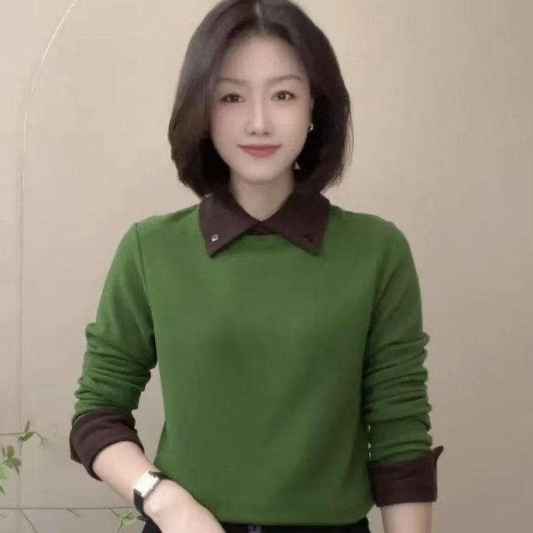 秋冬新款拼色长袖时尚百搭小衫女士气质翻领显瘦修身双面绒打底衫