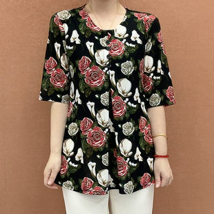 印花圆领中年洋气韩版 加肥加大春夏新款 中袖 中长款 T恤上衣 妈妈装