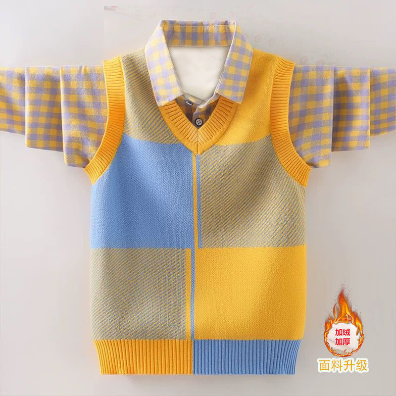 2025男童毛衣春秋款衬衫领童装洋气儿童针织男孩假两件上衣