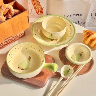 高颜值绿梨手柄碗家用2026新款釉下彩陶瓷泡面碗饭碗个人专用餐具