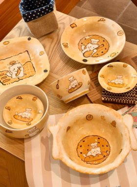 猫咪可爱陶瓷碗家用一人食碗碟餐具吃饭碗泡面碗汤碗盘子碗盘套装