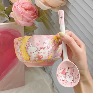 花园兔可爱饭碗家用特别好看的碗个人专用高颜值陶瓷餐具甜品碗勺