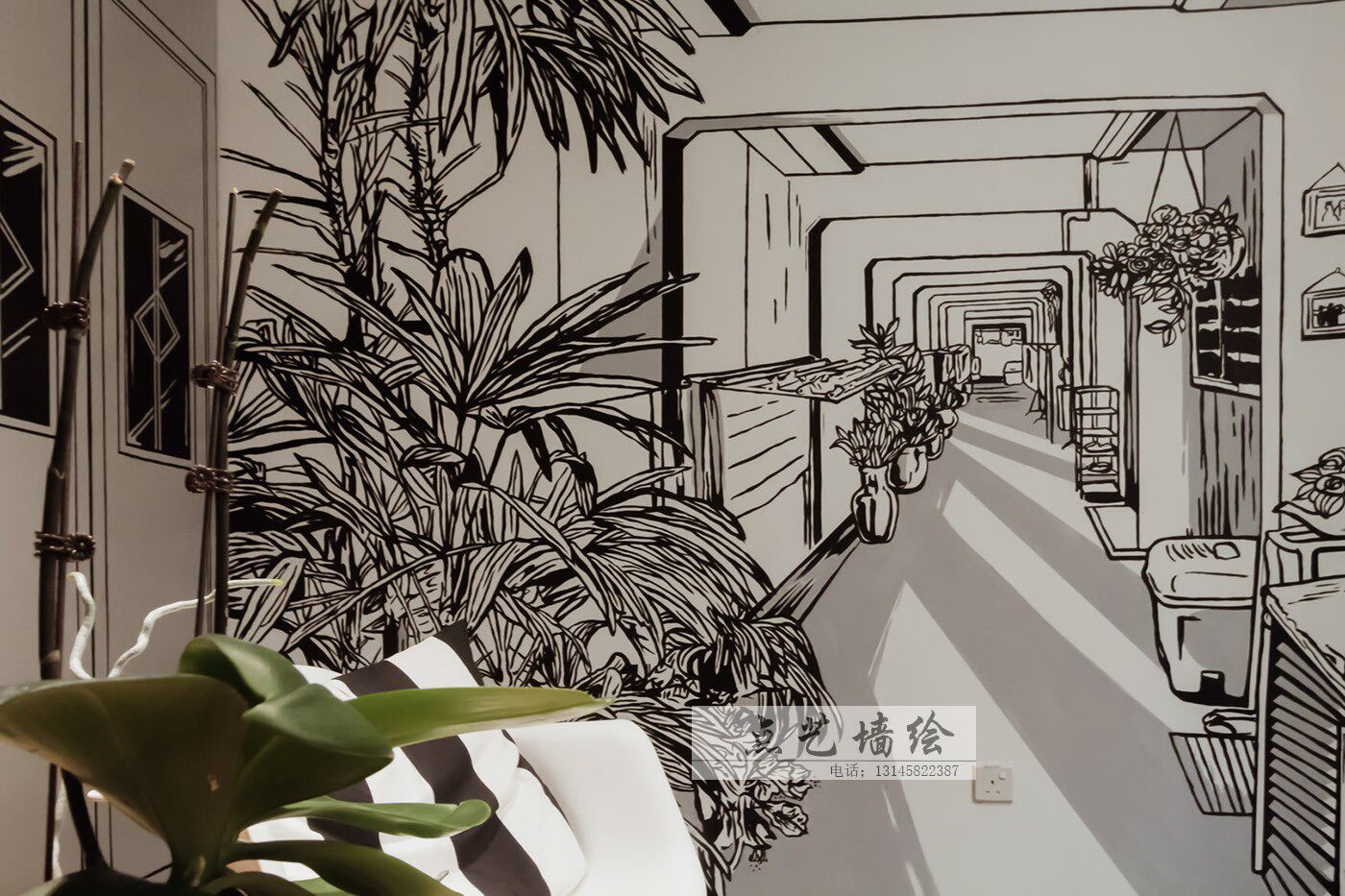 办公室壁画 创意墙绘 免费提供设计方案 画师手绘植物油画