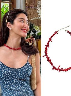 杨采钰同款不规则红色仿珊瑚石项链百搭高级感气质锁骨链个性简约