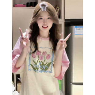 女大学生多巴胺宽松显瘦上衣 夏季 200斤纯棉粉色插肩短袖 t恤闺蜜装