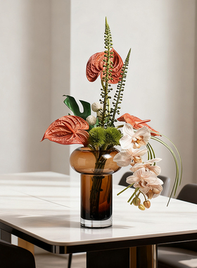 轻奢样板房餐桌中古花瓶高级感咖色艺术玻璃摆件花艺装饰品