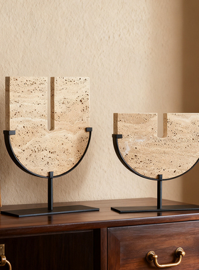 客厅玄关桌面高级感黄洞石几何异型样板间酒店中古软装饰品摆件