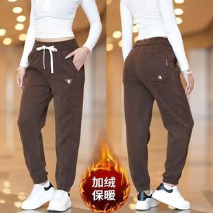 百搭宽松显瘦休闲裤 女士加绒加厚时尚 纯色保暖灯芯绒束脚裤 秋冬季