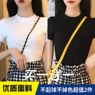 纯白色半高领紧身短袖t恤女2024新款夏短款t桖打底衫百搭体桖上衣