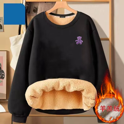 女士卫衣女款加绒加厚2023年秋冬季黑色外套羊羔绒圆领套头上衣女