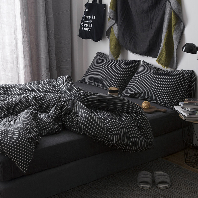 日式简约条纹黑白针织棉纯棉四件套天竺棉良品床上用品文艺范